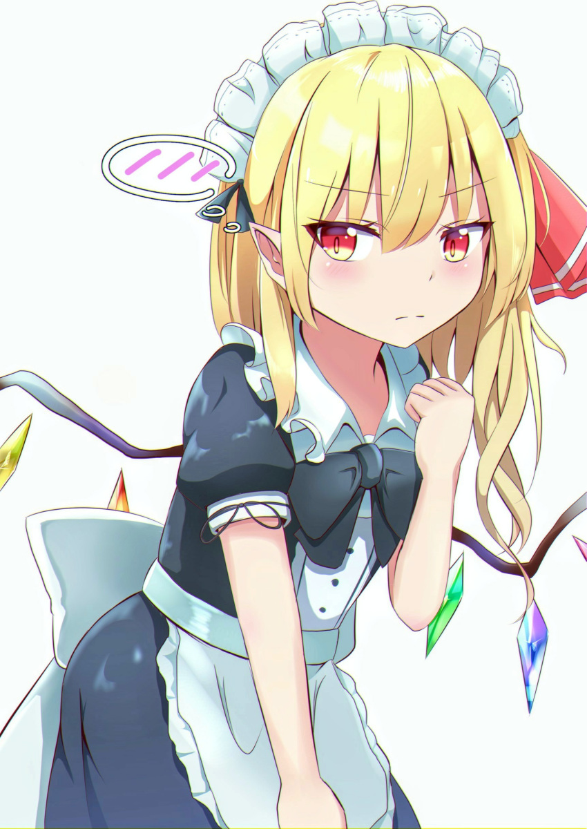 1girl absurdres alternate_costume apron arm_up black_neckwear blonde_hair blush bow bowtie bright_pupils clenched_hand commentary_request cowboy_shot embarrassed enmaided eyebrows_visible_through_hair flandre_scarlet hair_between_eyes hair_ribbon highres iyo_(ya_na_kanji) leaning_forward light_frown looking_at_viewer maid maid_headdress pointy_ears puffy_short_sleeves puffy_sleeves red_eyes ribbon short_hair short_sleeves side_ponytail simple_background slit_pupils solo thought_bubble touhou waist_apron white_background wings