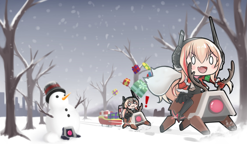 ! /\/\/\ 2girls :3 antlers bangs black_skirt blonde_hair carrot chibi christmas cityscape denkouseka_akaiken dinergate_(girls_frontline) earmuffs english_commentary eyebrows_visible_through_hair fang gift girls_frontline gloves hair_between_eyes hat headgear jacket long_hair m4_sopmod_ii_(girls_frontline) m4_sopmod_ii_jr multicolored_hair multiple_girls open_mouth outdoors red_gloves reindeer reindeer_antlers reins ripping sack santa_costume sidelocks skirt sled smile snow snowing snowman streaked_hair top_hat tree winter