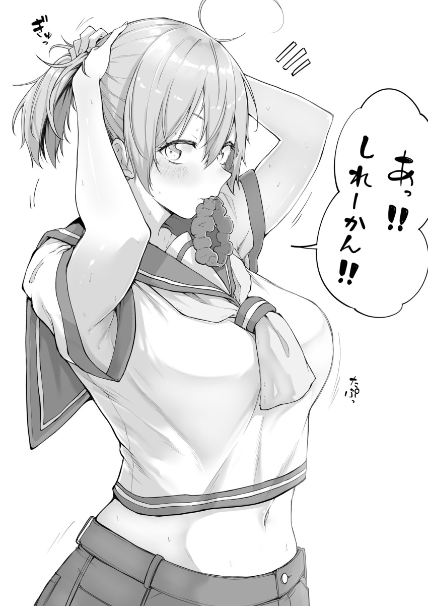 1girl adjusting_hair ahoge aoba_(kantai_collection) bangs blush breasts greyscale hair_between_eyes hair_ornament hair_scrunchie highres kantai_collection looking_at_viewer messy_hair miyoshi_(triple_luck) monochrome mouth_hold navel neckerchief ponytail sailor_collar school_uniform scrunchie serafuku short_sleeves shorts simple_background solo sweat translation_request