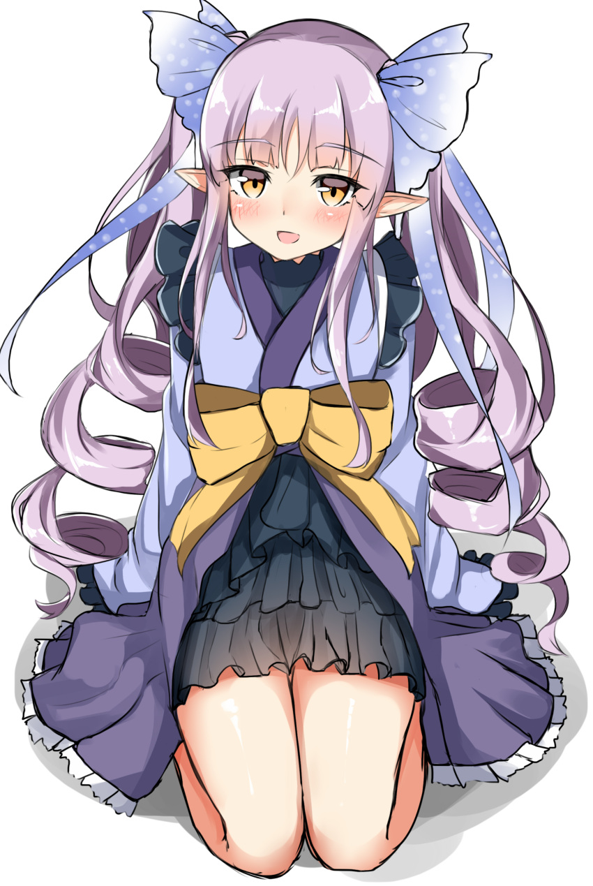 1girl :d absurdres bangs blue_bow blue_kimono blush bow brown_eyes eyebrows_visible_through_hair hair_between_eyes hair_bow highres hikawa_kyoka japanese_clothes kimono long_hair long_sleeves moyoron open_mouth pointy_ears princess_connect! princess_connect!_re:dive purple_hair ringlets seiza shadow sidelocks simple_background sitting sleeves_past_fingers sleeves_past_wrists smile solo twintails very_long_hair white_background yellow_bow
