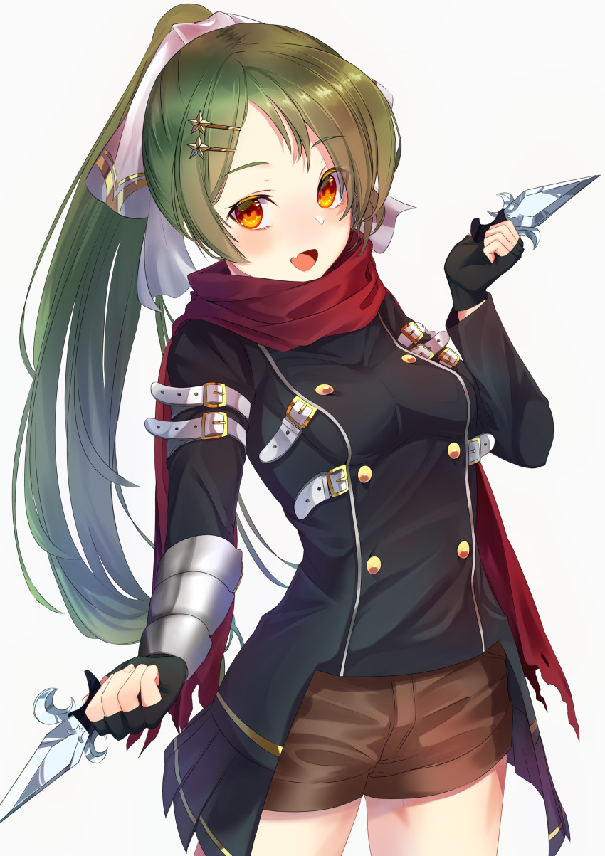 1girl :d absurdres bangs black_gloves black_jacket bow breasts brown_shorts cowboy_shot eyebrows_visible_through_hair fang fingerless_gloves floating_hair gabriel_(monster_strike) gloves green_hair hair_bow hair_ornament high_ponytail highres holding holding_knife jacket jun_(540000000000000) knife long_hair long_sleeves looking_at_viewer medium_breasts monster_strike open_mouth orange_eyes parted_bangs red_scarf scarf shiny shiny_hair short_shorts shorts simple_background smile solo standing star star_hair_ornament white_background white_bow