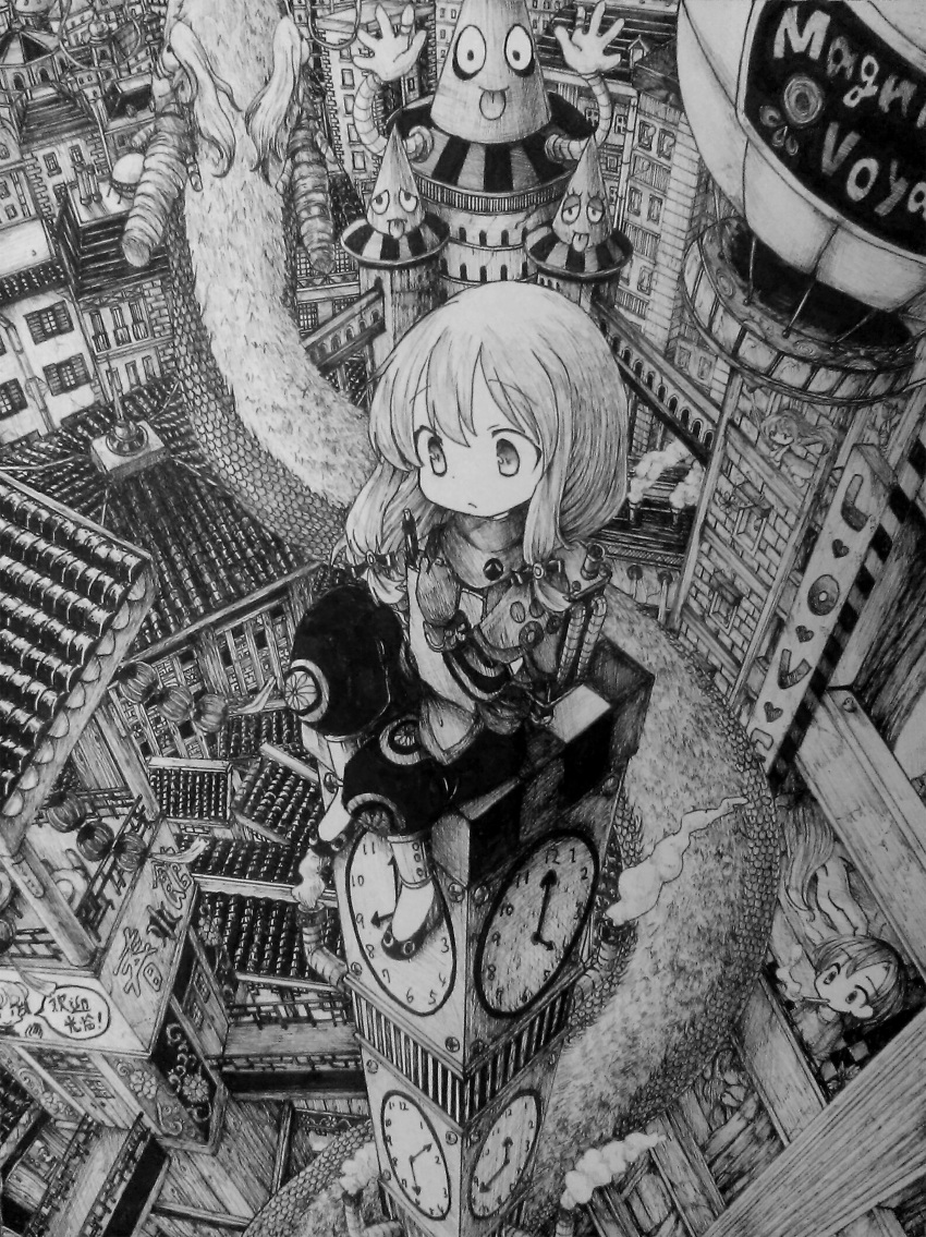 3girls absurdres cigarette clock clock_tower closed_mouth expressionless eyebrows_visible_through_hair greyscale highres long_hair looking_away medium_hair monochrome multiple_girls original outdoors railing scenery short_hair sitting smoking standing tower usio_ueda