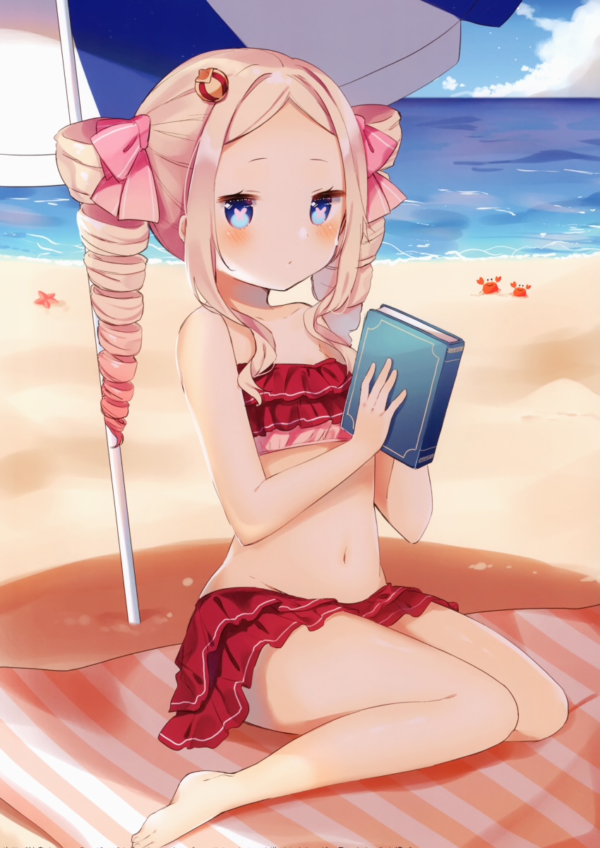 1girl absurdres bangs barefoot beach beatrice_(re:zero) bikini bikini_skirt blonde_hair blue_eyes blush book bow collarbone crown day drill_hair hair_bow highres holding layered_skirt long_hair mini_crown miniskirt ocean outdoors parted_bangs pink_bow re:zero_kara_hajimeru_isekai_seikatsu red_bikini red_skirt shiino_sera sitting skirt solo strapless strapless_bikini swimsuit symbol-shaped_pupils twin_drills