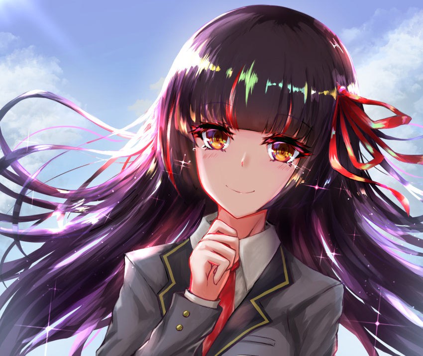 1girl bangs blazer blue_sky blunt_bangs blush brown_eyes closed_mouth clouds cloudy_sky collared_shirt commentary_request copyright_request day dutch_angle eyebrows_visible_through_hair grey_jacket habu_rin hair_ribbon hand_up highres jacket long_hair long_sleeves multicolored_hair necktie outdoors purple_hair red_neckwear red_ribbon redhead ribbon school_uniform shirt sky smile solo streaked_hair tears upper_body white_shirt