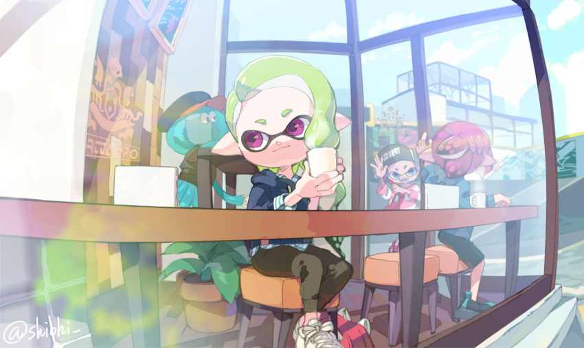 1boy 2girls baseball_cap black_footwear black_headwear black_pants black_shorts blue_eyes blue_shirt cabbie_hat carrying closed_mouth clothes_writing commentary cross-laced_footwear cup domino_mask green_hair hat highres holding holding_cup hood hoodie indoors inkling inkling_(language) jellyfish_(splatoon) long_hair looking_at_another mask mug multiple_girls no_legwear open_mouth outdoors pants pink_shirt pointy_ears purple_hair shiohi shirt shoes short_hair shorts sitting smile sneakers splatoon_(series) splatoon_2 standing stool striped striped_shirt twitter_username violet_eyes waving white_footwear window