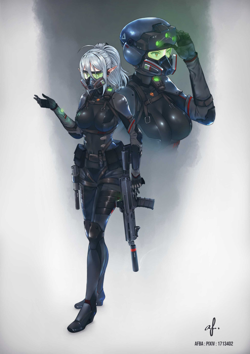 1girl absurdres afba ahoge artist_name assault_rifle belt bodysuit breasts close-up covered_navel earpiece elbow_pads elf full_body gas_mask glasses grey_hair gun gun_request hair_between_eyes handgun harness helmet highres holstered_weapon impossible_bodysuit impossible_clothes knee_pads large_breasts looking_at_viewer military night_vision_device original pointy_ears ponytail pouch red_eyes rifle safety_glasses shiny shiny_clothes simple_background skin_tight smoke smoking_gun suppressor trigger_discipline tsurime utility_belt walkie-talkie weapon