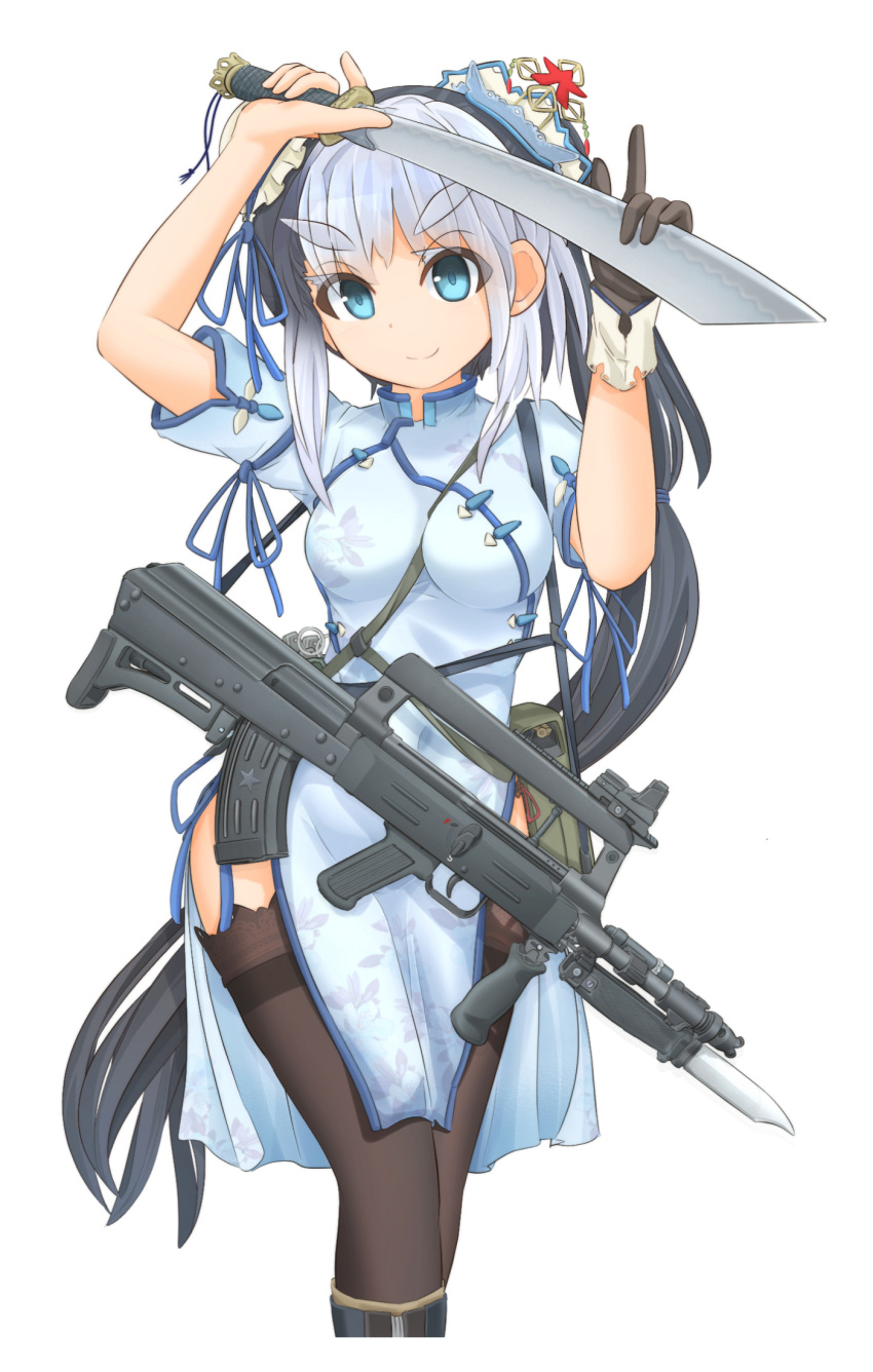 1girl arms_up assault_rifle bag bayonet between_breasts black_footwear black_gloves black_hair black_legwear blue_dress blue_eyes boots breasts bun_cover carrying china_dress chinese_clothes double_bun dress eyebrows_visible_through_hair garter_straps gloves gun hair_ornament high_collar highres holding holding_sword holding_weapon knee_boots long_hair medium_breasts medium_dress mikeran_(mikelan) military multicolored_hair original print_dress rifle satchel short_sleeves side_slit silver_hair single_glove solo sword thigh-highs two-tone_hair very_long_hair weapon weapon_request