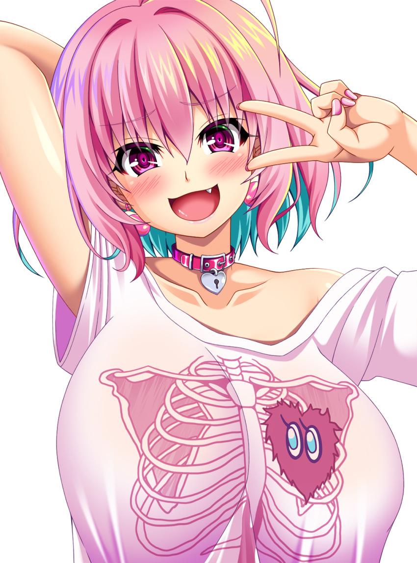 1girl ahoge arm_up bangs blush breasts eyebrows_visible_through_hair fang hair_between_eyes hair_intakes hand_behind_head hand_up heart-shaped_lock highres huge_breasts idolmaster idolmaster_cinderella_girls looking_at_viewer mirisha multicolored_hair off-shoulder_shirt off_shoulder open_mouth pill_earrings pink_collar pink_eyes pink_hair pink_nails shirt short_hair short_sleeves simple_background single_bare_shoulder skeleton_print smile solo t-shirt two-tone_hair upper_body v white_background white_shirt yumemi_riamu