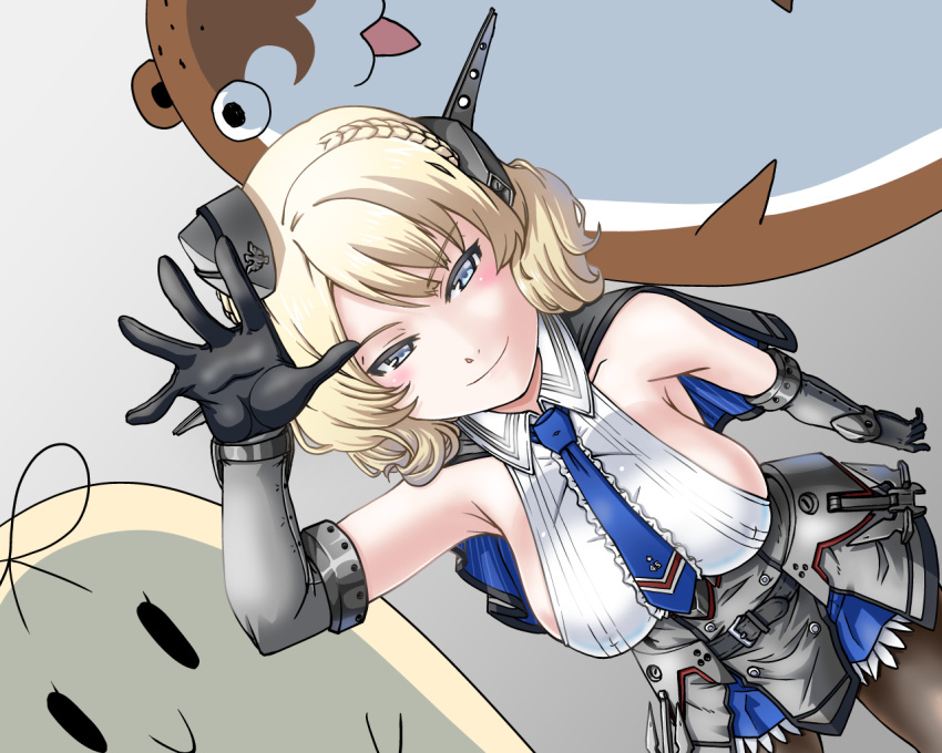 1girl 2others black_gloves black_legwear blonde_hair blue_eyes blue_neckwear bokukawauso breasts capelet colorado_(kantai_collection) commentary_request cowboy_shot dress dutch_angle elbow_gloves garrison_cap gloves grey_dress hat headgear kantai_collection large_breasts looking_at_viewer multiple_others necktie pantyhose pleated_dress shirt short_hair side_braids sideboob sir_ichirou sleeveless smile standing the_yuudachi-like_creature white_shirt