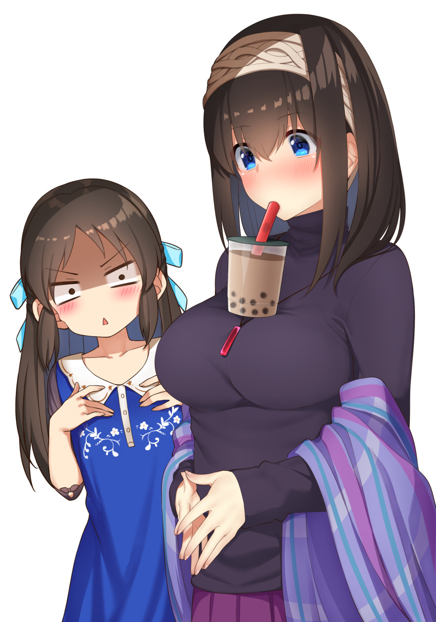 2girls absurdres bangs blue_dress blue_eyes blush breast_envy breasts brown_eyes brown_hair bubble_tea bubble_tea_challenge collarbone commentary_request dress drinking eyebrows_visible_through_hair fingers_together go-1 hair_between_eyes hairband half_updo highres idolmaster idolmaster_cinderella_girls jewelry large_breasts long_hair long_sleeves mouth_hold multiple_girls necklace own_hands_together ribbon sagisawa_fumika shaded_face shawl simple_background standing tachibana_arisu triangle_mouth turtleneck upper_body white_background