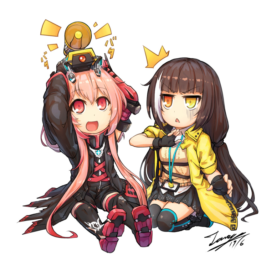 /\/\/\ 2girls :d arms_up bangs black_footwear black_gloves black_jacket black_legwear black_shirt black_shorts black_skirt blunt_bangs blush boots brown_hair chibi collared_shirt commentary dated dinergate_(girls_frontline) eyebrows_visible_through_hair fingerless_gloves girls_frontline gloves hair_between_eyes heterochromia jacket long_hair looking_at_another looking_away looking_up low_twintails m4_sopmod_ii_(girls_frontline) mechanical_arm multicolored_hair multiple_girls on_head open_clothes open_jacket open_mouth orange_eyes pink_hair pleated_skirt prosthesis prosthetic_arm puffy_short_sleeves puffy_sleeves red_eyes ro635_(girls_frontline) robot seiza shirt short_shorts short_sleeves shorts sidelocks signature simple_background sitting skirt smile streaked_hair sweater_vest tama_yu thigh-highs thigh_boots twintails v-shaped_eyebrows very_long_hair white_background white_hair white_shirt yellow_eyes yellow_jacket