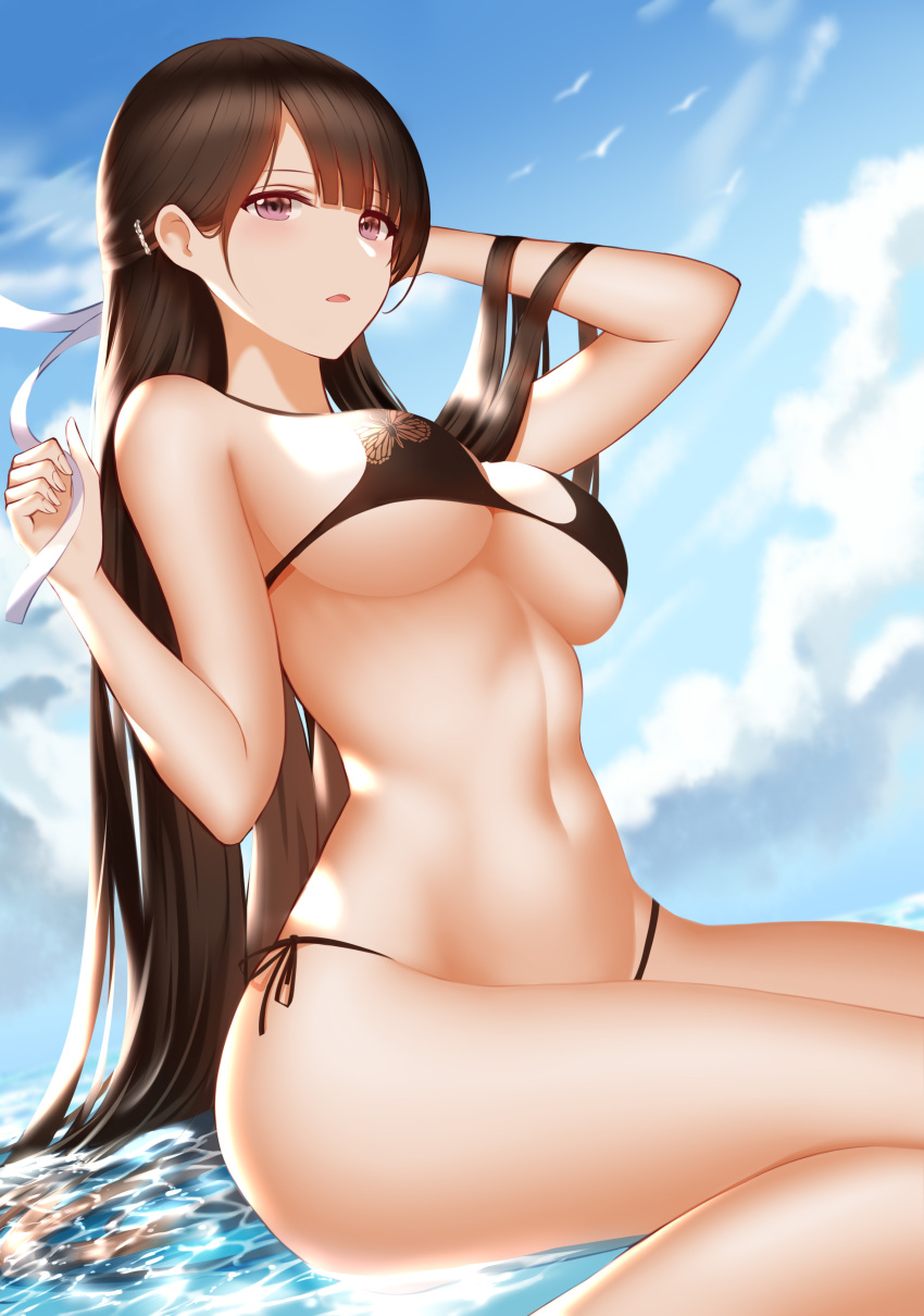 1girl absurdres animal_print arm_up bare_arms bare_shoulders bikini bird black_bikini blue_sky blush breasts brown_hair butterfly_print clouds day groin hair_ornament hairclip half_updo hand_up higandgk highres large_breasts long_hair looking_at_viewer navel open_mouth original outdoors parted_lips revision ribbon side-tie_bikini sitting sky solo stomach swimsuit thighs very_long_hair violet_eyes wariza water white_ribbon