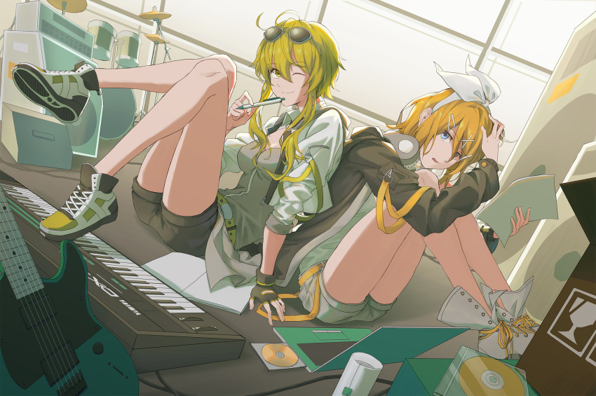 2girls belt blonde_hair blue_eyes boots bow box cd computer cymbals drum drum_set electric_guitar eyewear_on_head fingerless_gloves full_body gloves green_eyes green_hair guitar gumi hair_bow hair_ornament hairclip headphones headphones_around_neck highres holding holding_paper holding_pen instrument jacket kagamine_rin keyboard_(instrument) knees_to_chest knees_up laptop looking_at_viewer multiple_girls one_eye_closed paper pen pen_to_chin shoes short_hair_with_long_locks shorts sitting smile sneakers speaker sunglasses thighs vocaloid white_bow wounds404