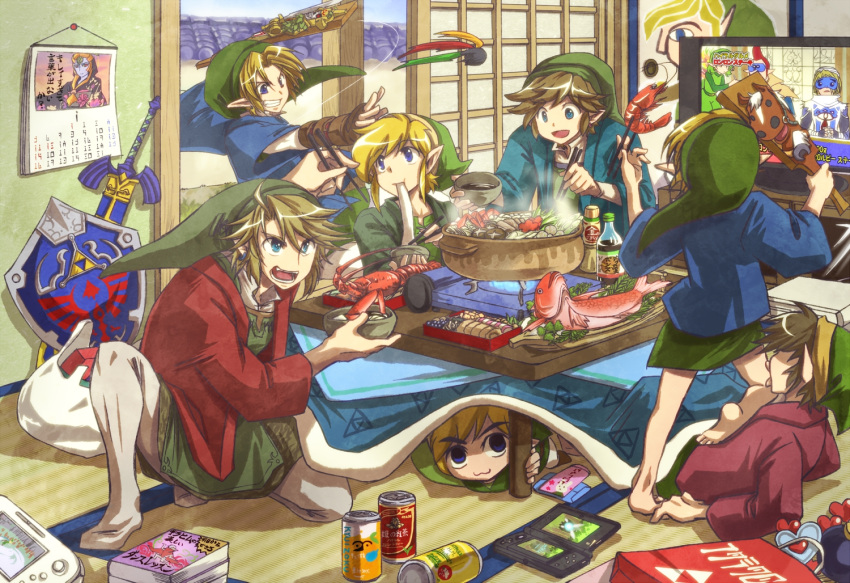 1girl 6+boys :3 :d arm_support bag bandages barefoot blonde_hair blue_eyes blue_sky bomb book boots bottle bowl brown_footwear brown_hair calendar_(object) can chopsticks ciela commentary_request day epona eye_mask fairy fang fish from_behind game_console gauntlets green_hair green_headwear green_pants green_shirt green_tunic green_vest grin groose handheld_game_console haori heart hero's_shade holding holding_bowl holding_chopsticks indoors japanese_clothes link lobster long_sleeves lying male_focus master_sword midna midna_(true) multiple_boys nintendo_ds no_nose no_shoes obentou on_back on_stomach open_mouth paddle pants pantyhose phrygian_cap pointy_ears pot redhead saria scabbard shadow sheath sheathed sheikah shield shirt shopping_bag shrimp sidelocks sky sliding_doors smile steam suzumiya_misa tabard table tablecloth tatami television the_legend_of_zelda the_legend_of_zelda:_a_link_between_worlds the_legend_of_zelda:_a_link_to_the_past the_legend_of_zelda:_ocarina_of_time the_legend_of_zelda:_oracle_of_ages the_legend_of_zelda:_phantom_hourglass the_legend_of_zelda:_skyward_sword the_legend_of_zelda:_the_wind_waker the_legend_of_zelda:_twilight_princess triforce tunic under_table vest white_legwear wide_sleeves wii_u wii_u_gamepad young_link