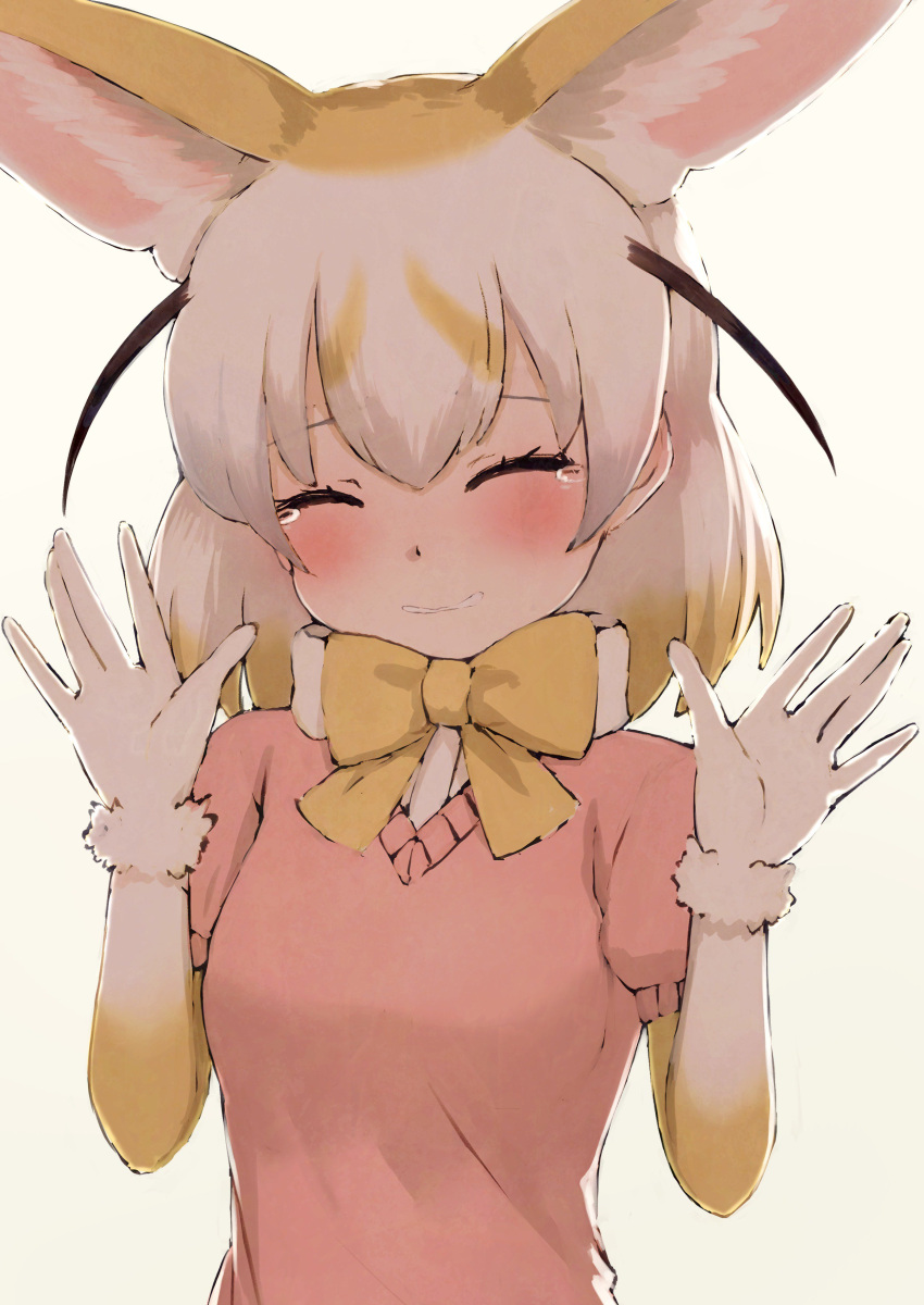 1girl absurdres arms_up blonde_hair blush breasts brown_gloves closed_eyes crying deku_suke eyebrows_visible_through_hair facing_viewer fennec_(kemono_friends) gloves highres kemono_friends medium_breasts multicolored multicolored_clothes multicolored_gloves multicolored_hair parted_lips puffy_short_sleeves puffy_sleeves short_hair short_sleeves solo two-tone_hair upper_body white_gloves white_hair