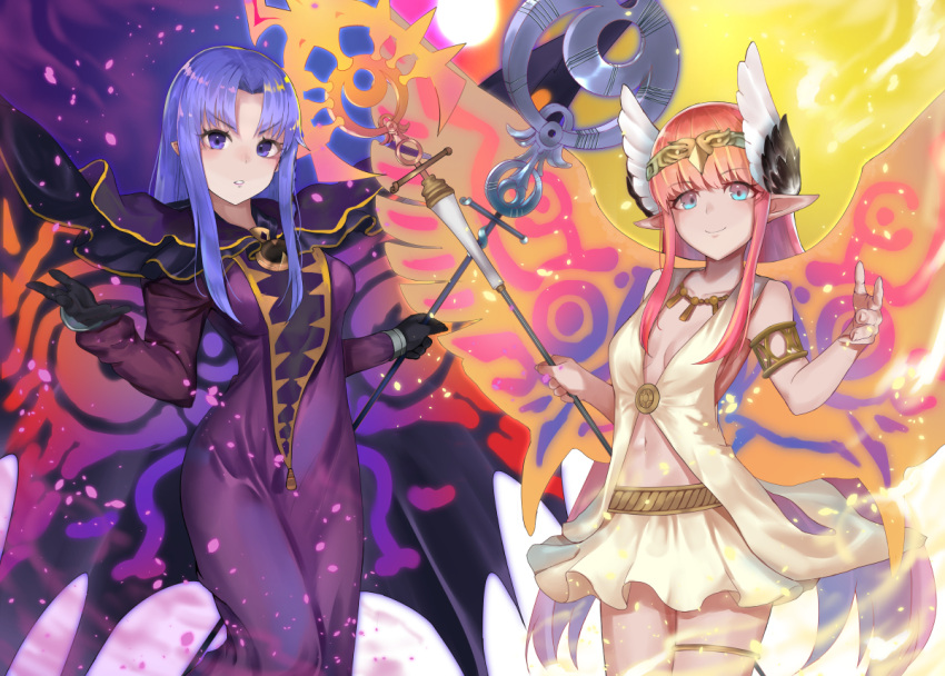 2girls armlet aunt_and_niece black_gloves blue_eyes blue_hair breasts breasts_apart cape caster circe_(fate/grand_order) circlet commentary_request dress fate/grand_order fate_(series) gloves head_wings holding holding_staff komainu_(yamaha1997) long_dress long_hair looking_at_viewer medium_breasts multiple_girls pink_hair pixiv_fate/grand_order_contest_2 pointy_ears purple_dress skirt sleeveless small_breasts smile staff violet_eyes white_skirt wings