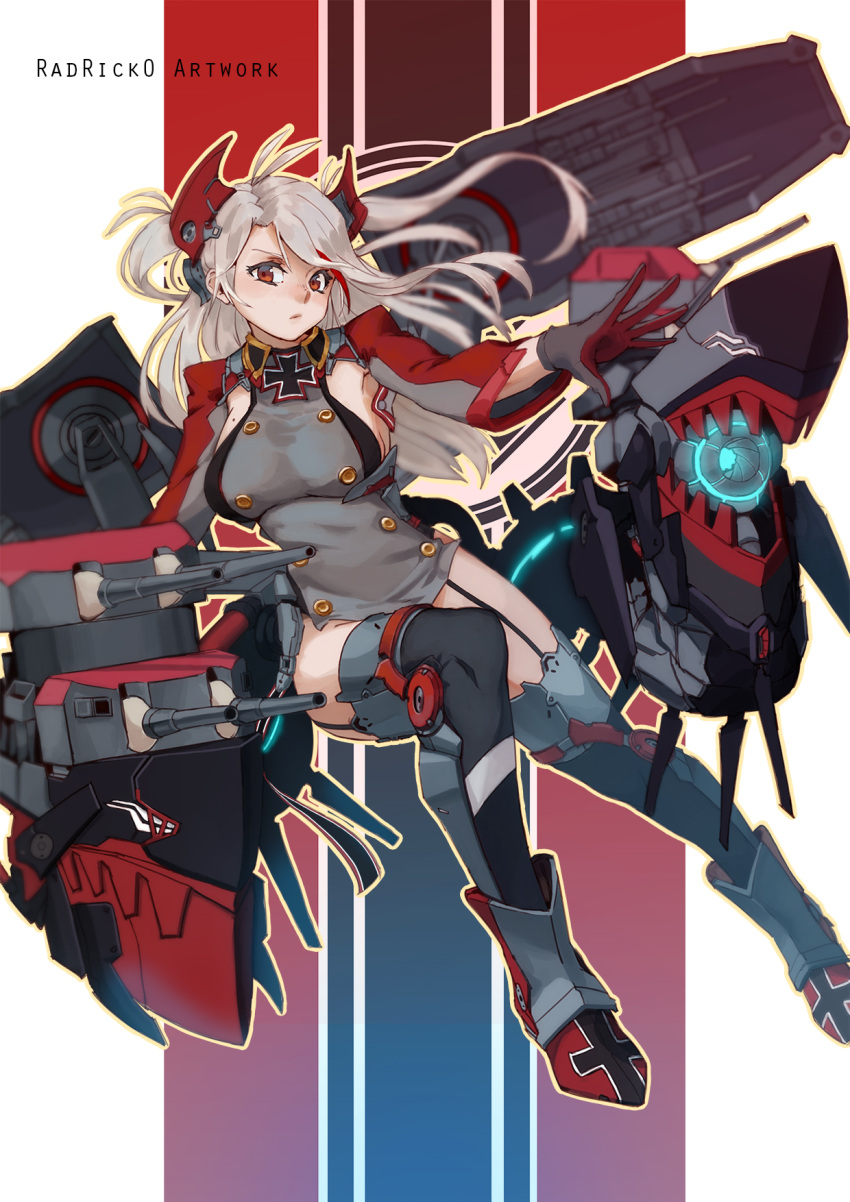 1girl antenna_hair armpit_cutout artist_name azur_lane bangs blue_sky blush boots breasts brown_eyes cannon commentary_request eyebrows_visible_through_hair garter_straps gloves hair_between_eyes headgear highres iron_cross large_breasts leotard long_hair long_sleeves looking_at_viewer mole mole_on_breast multicolored_hair outdoors parted_lips prinz_eugen_(azur_lane) radrick0 redhead rigging silver_hair sky smile solo streaked_hair striped striped_background thigh-highs thigh_boots thighs turret two_side_up very_long_hair white_background