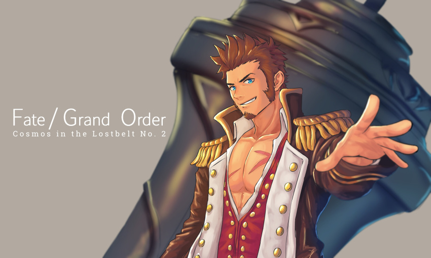 1boy beard blue_eyes brown_hair chest epaulettes facial_hair fate/grand_order fate_(series) hierotubas highres holding holding_weapon long_sleeves looking_at_viewer male_focus military military_uniform napoleon_bonaparte_(fate/grand_order) open_clothes open_shirt pectorals scar simple_background smile solo uniform weapon
