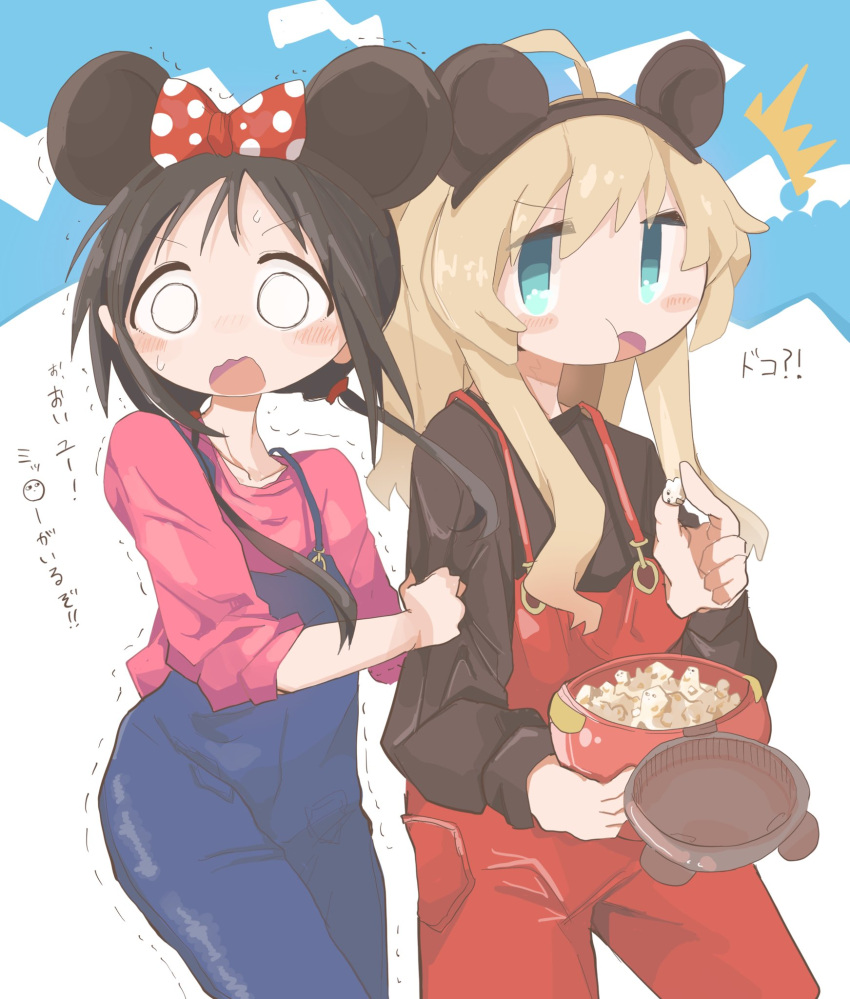 2girls ahoge alternate_costume animal_ears black_hair blonde_hair blue_eyes chito_(shoujo_shuumatsu_ryokou) contemporary disneyland eating fake_animal_ears food highres mouse_ears multiple_girls overalls popcorn shoujo_shuumatsu_ryokou solid_circle_eyes taipe_pepe translated twintails yuuri_(shoujo_shuumatsu_ryokou)