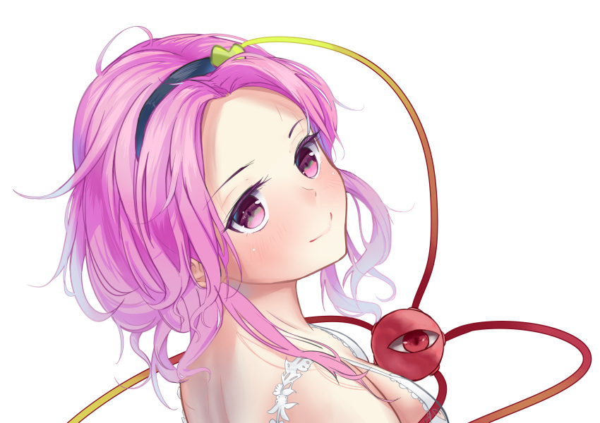 1girl absurdres bare_shoulders black_hairband blush bra breasts chinese_commentary commentary_request forehead hair_ornament hairband head_tilt heart heart_hair_ornament highres kaoshuzi komeiji_satori looking_at_viewer medium_breasts pink_eyes pink_hair portrait short_hair simple_background smile solo third_eye touhou underwear white_background white_bra