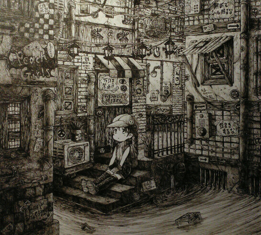 1girl absurdres backpack bag braid directional_arrow greyscale hat highres lantern long_hair looking_away looking_up monochrome original outdoors railing sewer shoes sign sitting sneakers solo speech_bubble stairs twin_braids usio_ueda water