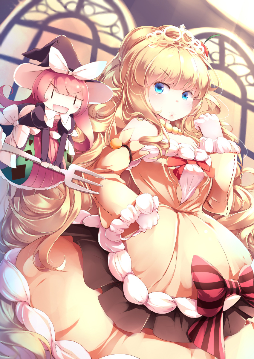 1girl :d =d absurdres bangs blonde_hair blue_eyes blunt_bangs bow commentary detached_sleeves doll dress duel_monster eyebrows_visible_through_hair fork frilled_sleeves frills frown hand_on_hip hand_up hat highres indoors jewelry kanzakietc long_hair looking_at_viewer madolche_magileine necklace open_mouth pearl_necklace redhead smile solo striped striped_bow tiara v-shaped_eyebrows very_long_hair wide_sleeves witch_hat yellow_dress yuu-gi-ou |_|