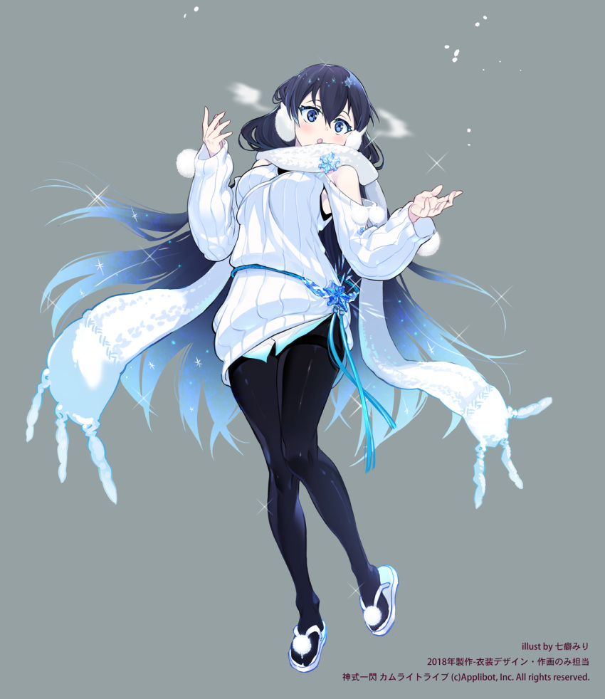 1girl bare_shoulders black_hair black_legwear blue_eyes blue_hair blush breath copyright_request earmuffs grey_background hair_between_eyes highres long_hair multicolored_hair nanase_miri official_art open_mouth ribbed_sweater scarf shiny shiny_hair simple_background snow snowflakes sparkle sweater tight white_scarf