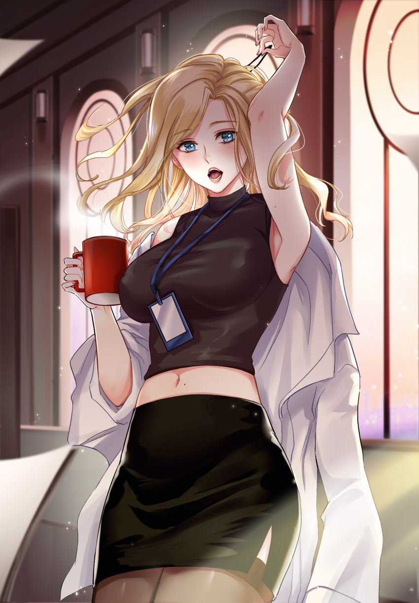 1girl absurdres adjusting_hair alternate_costume arm_up armpits bangs black_skirt blue_eyes breasts brown_legwear coffee_mug covered_nipples crop_top cup eyelashes eyeliner hair_down hair_ornament hairpin helen_roro highres labcoat lanyard large_breasts lips looking_at_viewer makeup mercy_(overwatch) mole mole_on_neck mole_on_stomach mug off_shoulder open_mouth overwatch pencil_skirt sheer_legwear side_slit skirt solo swept_bangs thigh-highs