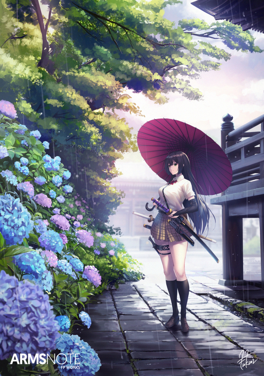1girl arms_note black_hair black_legwear blue_flower bow bowtie breasts brown_footwear brown_skirt collared_shirt copyright_name day flower fukai_ryousuke green_eyes highres holding holding_sword holding_umbrella holding_weapon katana kneehighs large_breasts leg_belt loafers long_hair outdoors pavement plaid plaid_skirt purple_flower rain red_neckwear sheath sheathed shirt shoes sidelocks signature skirt smile solo standing strap sword thighs tree umbrella water weapon white_shirt