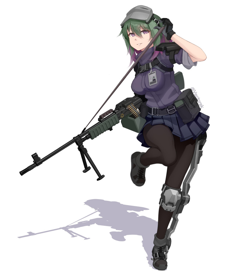 1girl absurdres arm_up artist_name badge belt belt_buckle boots breasts buckle bullet commentary english_commentary exoskeleton eyebrows_visible_through_hair eyes_visible_through_hair gloves green_hair gun hand_up highres holding holding_gun holding_strap holding_weapon knee_pads large_breasts leg_up looking_at_viewer machine_gun mask mask_on_head multicolored_hair open_mouth original pantyhose purple_hair shadow shoelaces shoulder_pads simple_background skirt smile solo standing standing_on_one_leg strap type_88_lmg vectorek violet_eyes weapon white_background