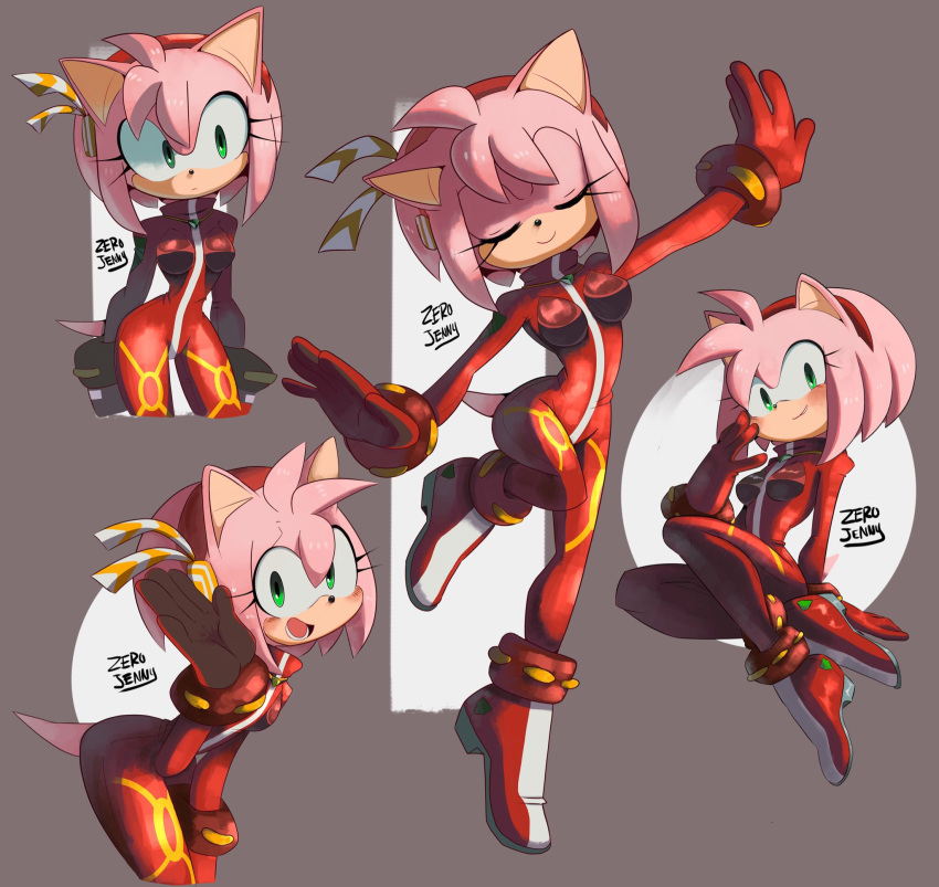 adapted_costume alternate_costume amy_rose artist_name blush bodysuit closed_eyes cosplay full_body green_eyes hair_ornament hairband highres neon_genesis_evangelion pilot_suit pink_hair red_bodysuit smile sonic_the_hedgehog souryuu_asuka_langley souryuu_asuka_langley_(cosplay) zer0jenny