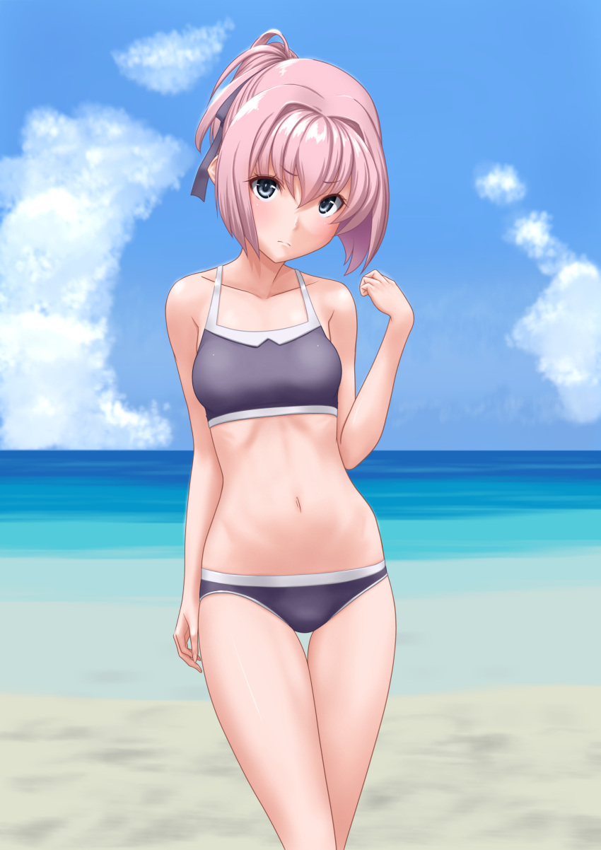 alternate_costume beach bikini blue_bikini blue_eyes blue_sky blush breasts closed_mouth clouds eyebrows_visible_through_hair hair_between_eyes hair_ribbon highres kantai_collection medium_breasts navel ocean pink_hair ribbon shiranui_(kantai_collection) short_ponytail sky swimsuit t2r