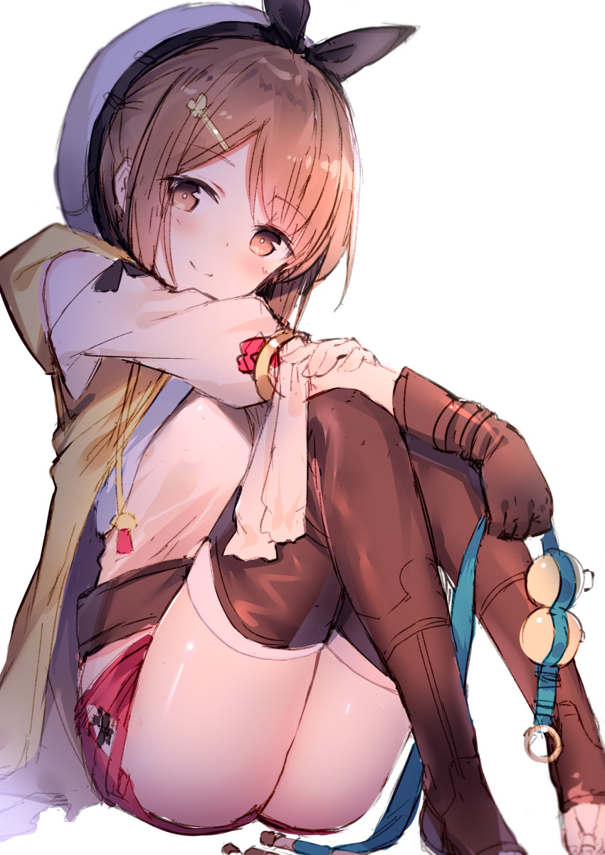 1girl absurdres atelier_(series) atelier_ryza bangs belt blush boots breasts brown_eyes brown_gloves brown_hair brown_legwear closed_mouth clover_hair_ornament eyebrows_visible_through_hair flask full_body gloves hair_between_eyes hair_ornament hairclip hat head_tilt highres holding_arm jewelry looking_at_viewer red_shorts reisalin_stout shirt short_hair short_shorts shorts sidelocks simple_background sitting skindentation smile solo thigh-highs thigh_boots thighs vest white_headwear white_shirt yukarite