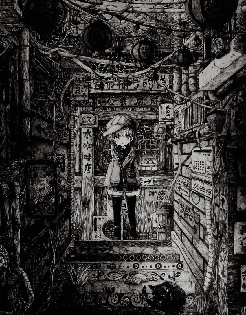 1girl absurdres closed_mouth directional_arrow expressionless eyebrows_visible_through_hair greyscale hat highres long_sleeves looking_at_viewer medium_hair monochrome original scarf scenery sign skirt solo standing thigh-highs translation_request usio_ueda