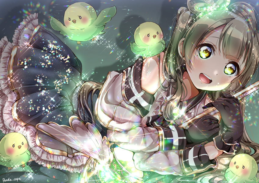 1girl :d bird frilled_skirt frills gloves granblue_fantasy grey_hair highres long_sleeves love_live! love_live!_school_idol_project minami_kotori one_side_up open_mouth panda_copt skirt smile sparkle staff yellow_eyes