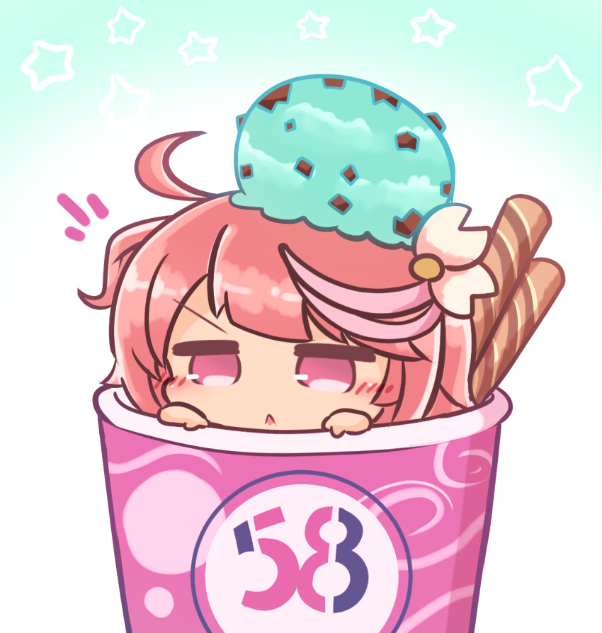 1girl ahoge asimo953 bangs baskin-robbins blush chestnut_mouth chibi commentary_request cup dessert food food_on_head hair_between_eyes hair_ornament highres i-58_(kantai_collection) ice_cream in_container in_cup in_food kantai_collection looking_at_viewer object_on_head peeking_out pink_eyes pink_hair short_hair simple_background solo