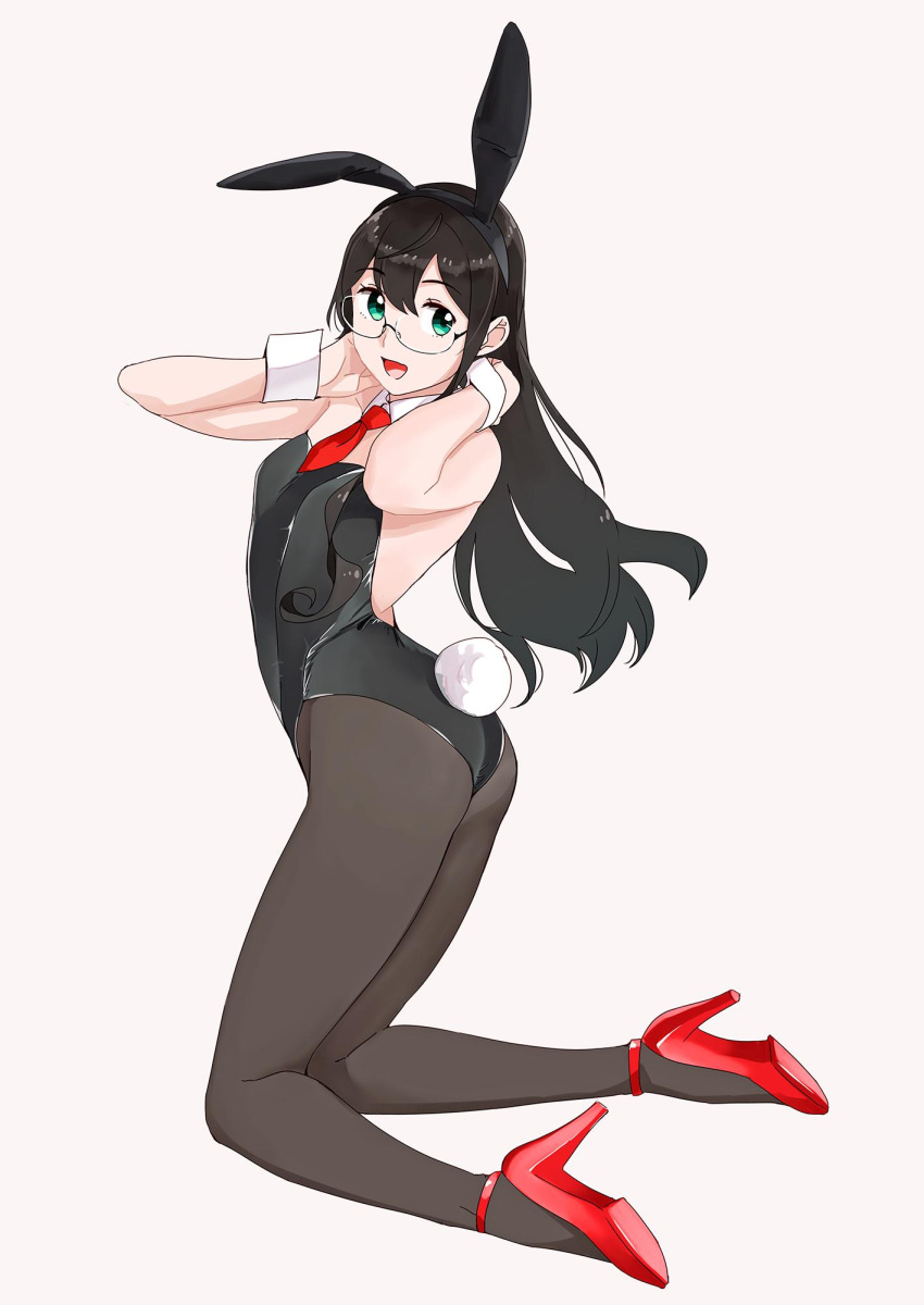 1girl alternate_costume animal_ears ass bangs bare_shoulders black_hair black_leotard bow breasts brown_legwear bunny_girl bunny_tail bunnysuit commentary_request detached_collar eyebrows_visible_through_hair fake_animal_ears from_behind glasses green_eyes hair_between_eyes hairband high_heels highres kantai_collection kneeling leotard long_hair looking_at_viewer necktie ojipon ooyodo_(kantai_collection) open_mouth pantyhose rabbit_ears semi-rimless_eyewear simple_background small_breasts smile solo strapless strapless_leotard tail under-rim_eyewear wrist_cuffs