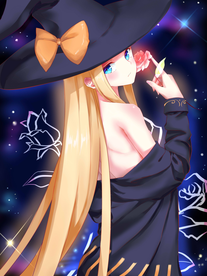 1girl abigail_williams_(fate/grand_order) absurdres amaroku_neko black_headwear blonde_hair blue_eyes bow closed_mouth fate/grand_order fate_(series) flower hat hat_bow head_tilt highres holding holding_flower long_hair long_sleeves looking_at_viewer off_shoulder orange_bow pink_flower shiny shiny_skin shoulder_blades solo standing straight_hair very_long_hair witch_hat