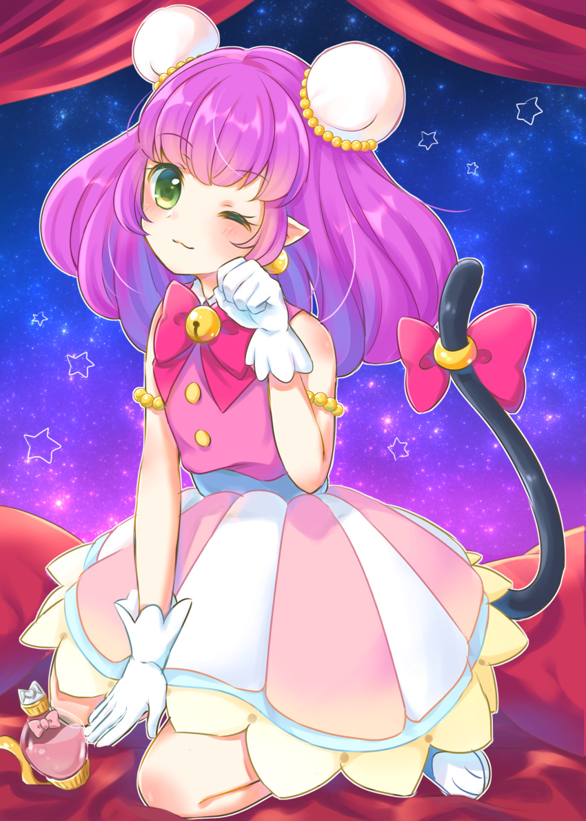 1girl ;d animal_ears bare_shoulders blush cat_tail closed_mouth commentary double_bun gloves green_eyes highres long_hair looking_at_viewer mao_(precure) on_bed one_eye_closed open_mouth pointy_ears precure purple_hair sleeveless smile solo star star_twinkle_precure starry_background tail white_gloves youyi_(yui010321) yuni_(precure)