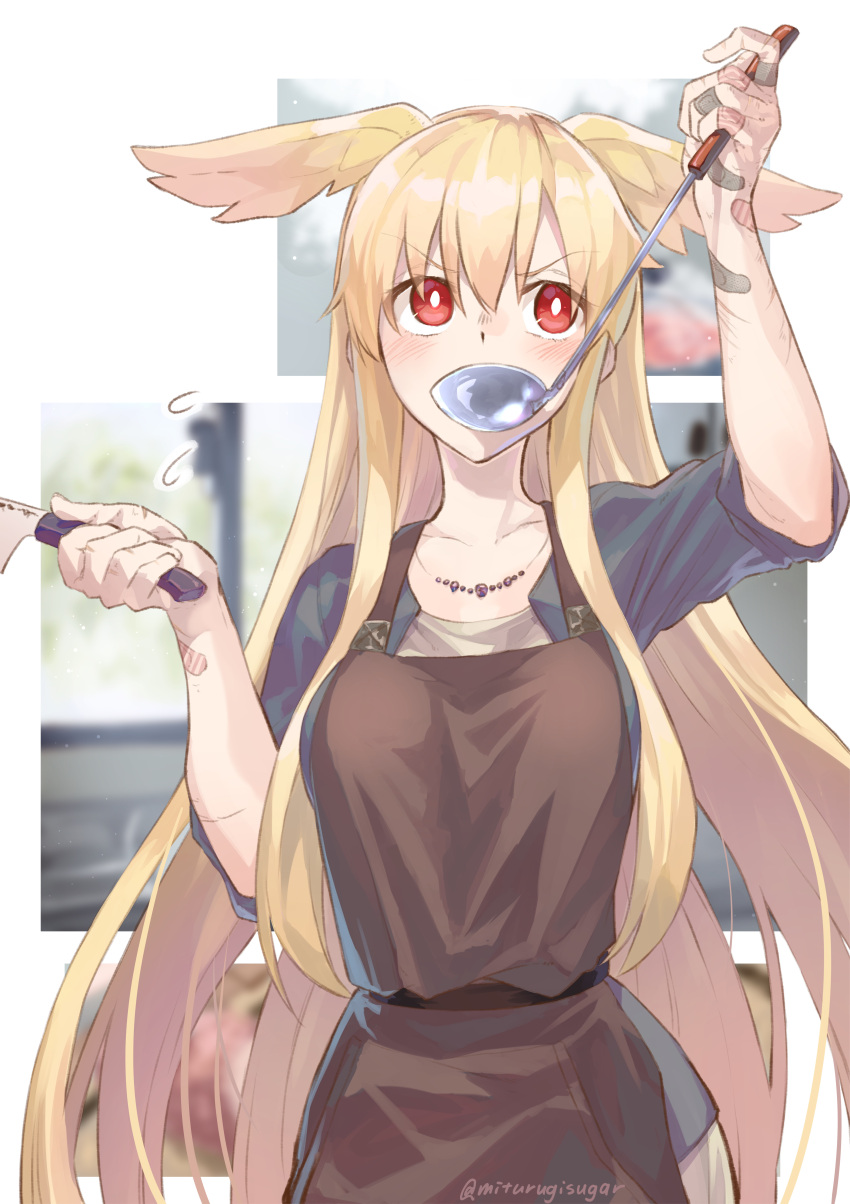 1girl absurdres apron bandaid blonde_hair blush bright_pupils brown_apron cooking eyebrows_visible_through_hair fate/grand_order fate_(series) hair_between_eyes head_wings highres holding holding_knife holding_ladle injury jewelry kitchen_knife knife ladle long_hair mithurugi-sugar necklace red_eyes scar sleeves_rolled_up sweatdrop tasting thrud_(fate/grand_order) twitter_username valkyrie_(fate/grand_order) very_long_hair white_pupils