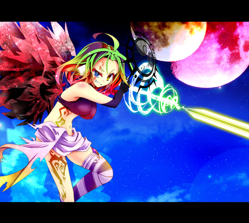 1girl ahoge azriel_(no_game_no_life) blue_eyes breasts clenched_teeth crop_top facial_tattoo gloves gradient_hair green_hair grin halo heterochromia highres large_breasts long_hair low_wings magic magic_circle midriff mimi0846 multicolored_hair navel no_game_no_life smile solo symbol-shaped_pupils tattoo teeth torn_clothes wing_ears wings yellow_eyes
