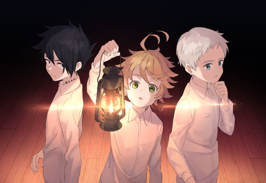 1girl 2boys ahoge black_hair blonde_hair child collared_shirt dress_shirt emma_(yakusoku_no_neverland) from_above green_eyes holding indoors lantern long_sleeves looking_at_viewer multiple_boys norman_(yakusoku_no_neverland) open_mouth pants ra0ra3 ray_(yakusoku_no_neverland) shirt short_hair silver_hair standing white_pants white_shirt wing_collar wooden_floor yakusoku_no_neverland