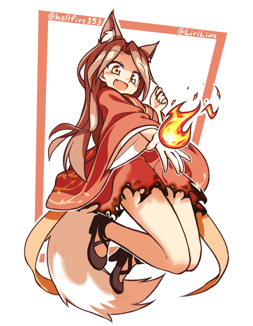 1girl :d animal_ear_fluff animal_ears borrowed_character brown_hair fang fire fox_ears fox_tail highres japanese_clothes kimono lirilias long_hair long_sleeves open_mouth original smile tail wide_sleeves