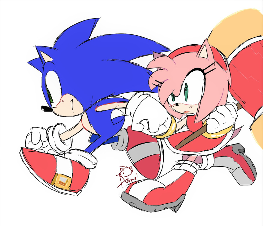 1boy 1girl amy_rose animal aoi_(aoii91) blush dated dress english_commentary gloves green_eyes hairband hammer hedgehog highres holding_hands mammal no_humans red_dress red_footwear red_hairband running sega shoes signature sonic sonic_team sonic_the_hedgehog white_background