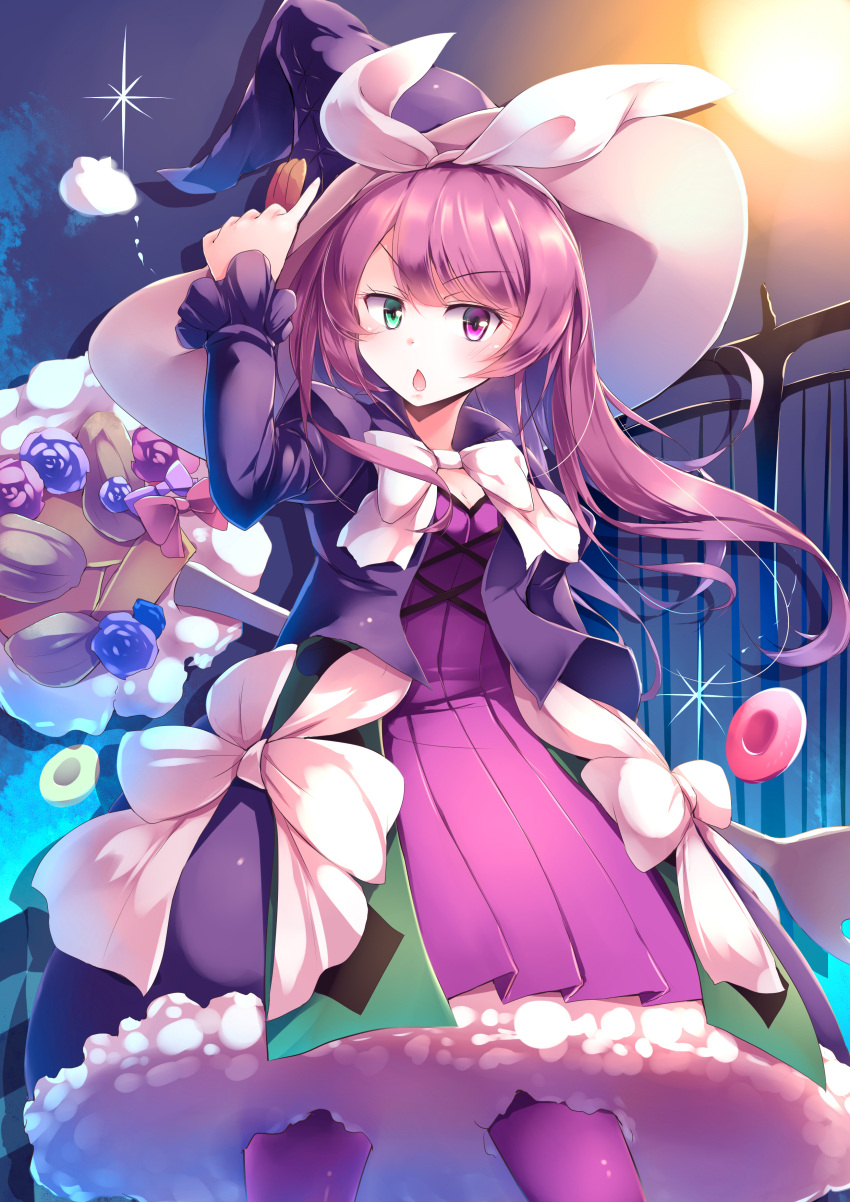 1girl absurdres bangs blunt_bangs bow bowtie chestnut_mouth commentary_request dress duel_monster full_moon green_eyes hand_on_headwear hat heterochromia highres juliet_sleeves kanzakietc long_hair long_sleeves looking_at_viewer madolche_magileine moon night open_mouth outdoors petticoat puffy_sleeves purple_hair purple_legwear solo v-shaped_eyebrows violet_eyes white_neckwear witch_hat yuu-gi-ou