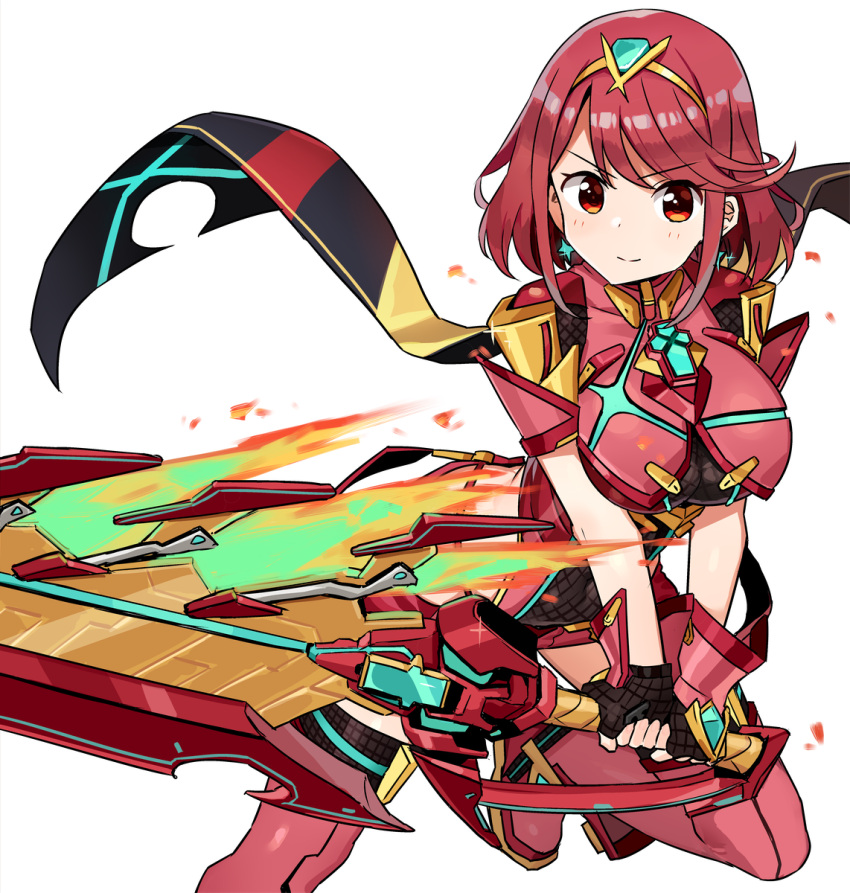 1girl armor armored_dress black_gloves boots breasts closed_mouth dress earrings eyebrows_visible_through_hair fingerless_gloves fire flame gloves highres holding holding_sword holding_weapon pyra_(xenoblade) huge_weapon jewelry leg_up looking_at_viewer medium_breasts red_dress red_eyes red_legwear redhead shisoneri short_hair simple_background smile solo sparkle standing standing_on_one_leg star star_earrings sword thigh-highs thigh_boots tiara v-shaped_eyebrows weapon white_background xenoblade_(series) xenoblade_2