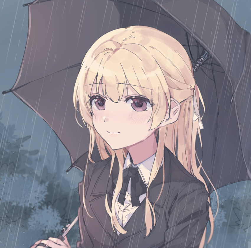 1girl bang_dream! bangs black_ribbon black_suit blonde_hair blue_background eyebrows_visible_through_hair hanazono_suki highres long_hair rain ribbon shirasagi_chisato umbrella violet_eyes