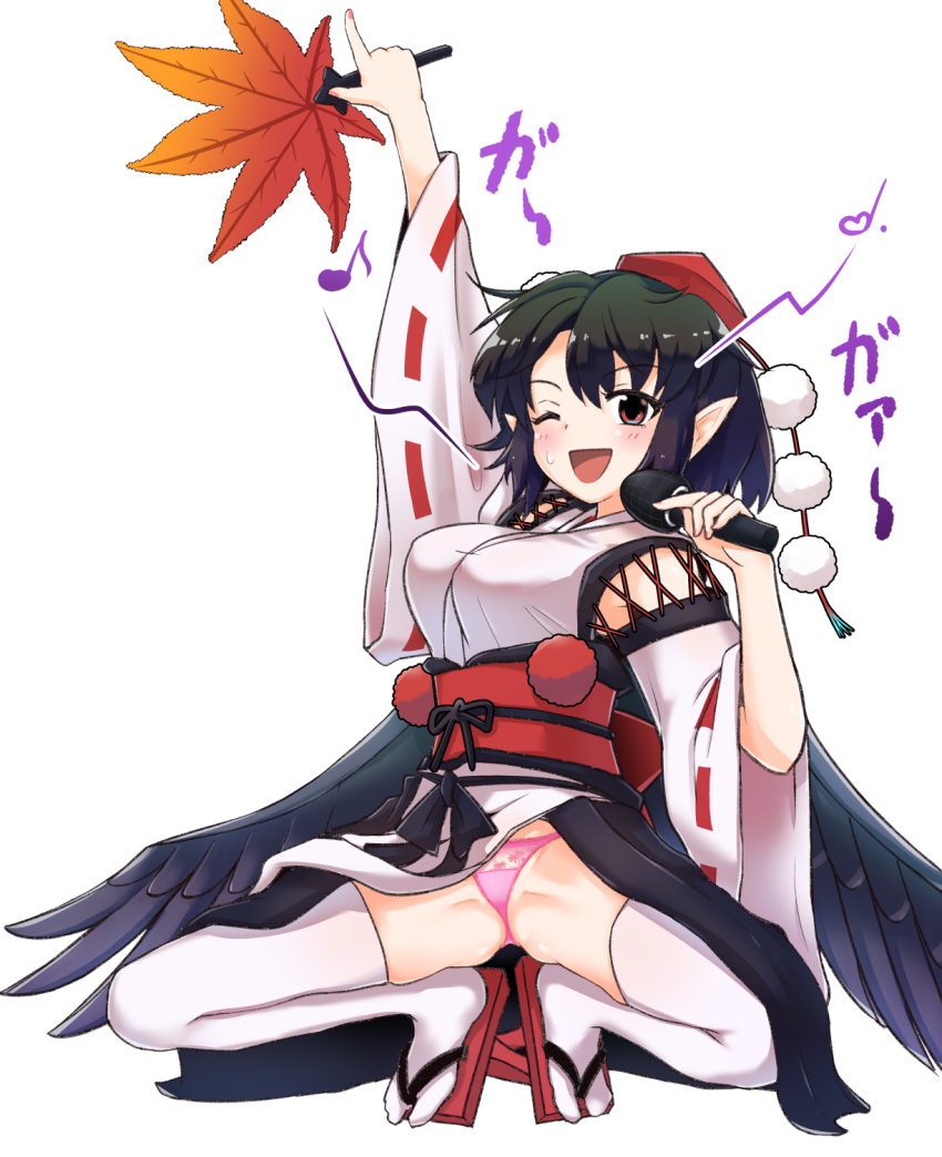 1girl ;d alternate_costume arm_up ass_visible_through_thighs bangs black_hair black_wings blush breasts cellphone commentary_request eighth_note eyebrows_visible_through_hair fan feathered_wings geta hat heart highres holding holding_fan holding_microphone kourindou_tengu_costume large_breasts leaf_fan long_sleeves looking_at_viewer microphone musical_note nail_polish obi one_eye_closed open_mouth orange_nails panties pelvic_curtain phone pink_panties pointy_ears pom_pom_(clothes) red_eyes red_footwear red_neckwear red_sash redhead ribbon ribbon-trimmed_sleeves ribbon_trim sash shadow shameimaru_aya short_hair sidelocks simple_background smile solo spread_legs sweat tada_no_nasu tassel tengu-geta thigh-highs thighs tokin_hat touhou translation_request underwear white_background white_legwear wide_sleeves wings