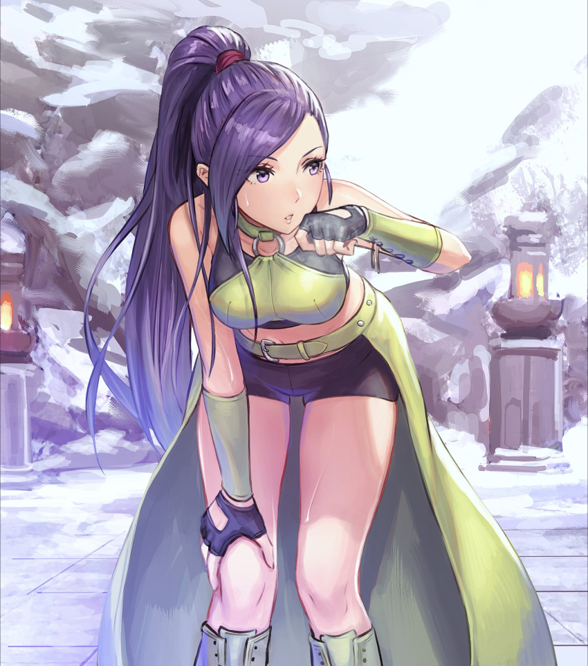 1girl anbe_yoshirou bare_shoulders belt bent_over black_shorts breasts commentary_request dragon_quest dragon_quest_xi fingerless_gloves gloves hand_on_own_knee high_ponytail highres large_breasts long_hair looking_to_the_side martina_(dq11) outdoors ponytail purple_hair shorts solo sweatdrop thighs tile_floor tiles very_long_hair violet_eyes