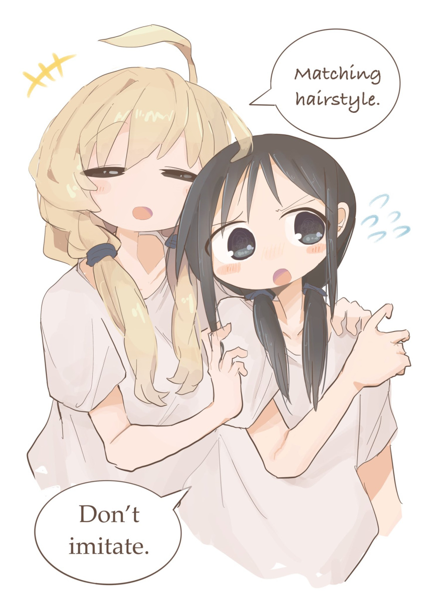 2girls =_= ahoge alternate_hairstyle black_eyes black_hair blonde_hair blush_stickers chito_(shoujo_shuumatsu_ryokou) closed_eyes english_text engrish_text flying_sweatdrops highres matching_hairstyle multiple_girls ranguage shoujo_shuumatsu_ryokou speech_bubble taipe_pepe twintails yuuri_(shoujo_shuumatsu_ryokou)